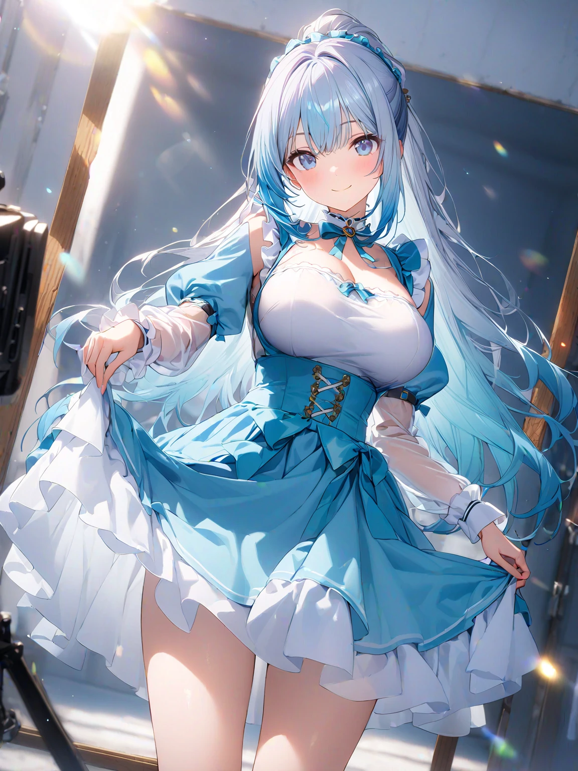 (Overhead view),dynamic angle,ultra-detailed, illustration, close-up, straight on, 1girl, (fantasy:1.4), (azure blue eyes:1.233),Her eyes shone like dreamy stars,(glowing eyes:1.233),(beautiful and detailed eyes:1.1),(Silver hair:1.14),(messy hair,very long hair,french braid,hair between eyes,sidelockule hair flower:1.14)),(chiffon dress,bule flower pattern in uniform)/=(military uniform:1.24),(detached sleeves,wide sleeveingerless gloves),choker,(miko thighhighs),High heeled bootpressionless,closed mouth),(standing), (classical Princess boudoir with dressing tableand french windowin a white ancient palaces),(white flowers,bloom),(abysmal sea),(flowing water),(a dull blue world tree:1.14),(ruins),(night:1.2),dreamy,soul,(fluorescence),(flying translucent blue butterflies:1.15), [[delicate fingers and hands:0.55]::0.85],(detail fingers),(yubao:0.5),