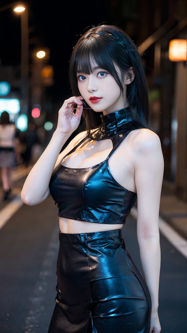 Anime girl standing on the street in a leather skirt and black erotic lingerie, long-haired Ilya Kuvshinov, Guviz style artwork, anime art wallpaper 8k, Art Station Pisif's Gwitz, Gwidz on Pishiv Art Station, cyberpunk anime art