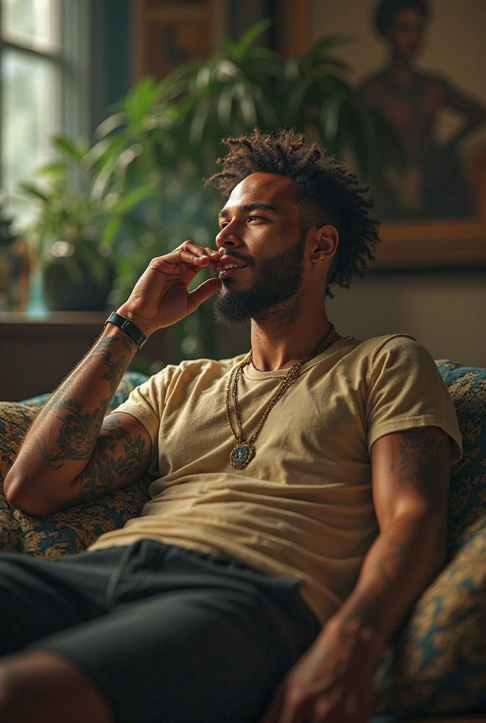 (photorealism:1.2), handsome Indian man, sitting on bed, wearing loose off-shoulder top, v-shaped underwear, curly hair, indoors, soft lighting, plants in background, window with sunlight, cozy room, relaxed pose, realistic, holding a dildo, intricate details, warm colors, by Greg Rutkowski, by Alphonse Mucha