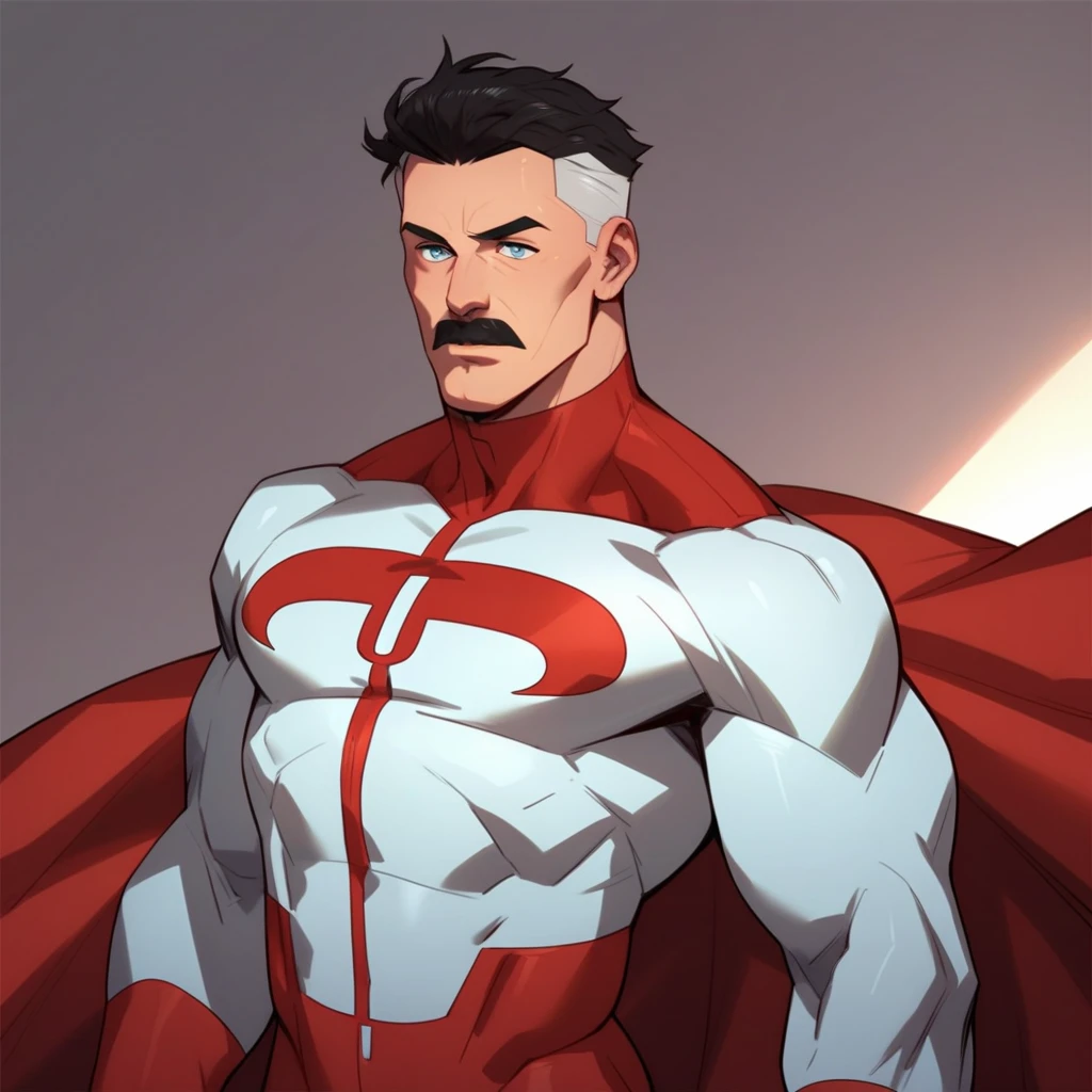score_9, score_8_up, score_7_up, score_6_up, OmnimanP, 1boy, solo, black hair, short hair, blue eyes, male focus, mature male, mustache, muscular, white bodysuit, red bodysuit, cape, zPDXL2, fraternity paddle in hand.