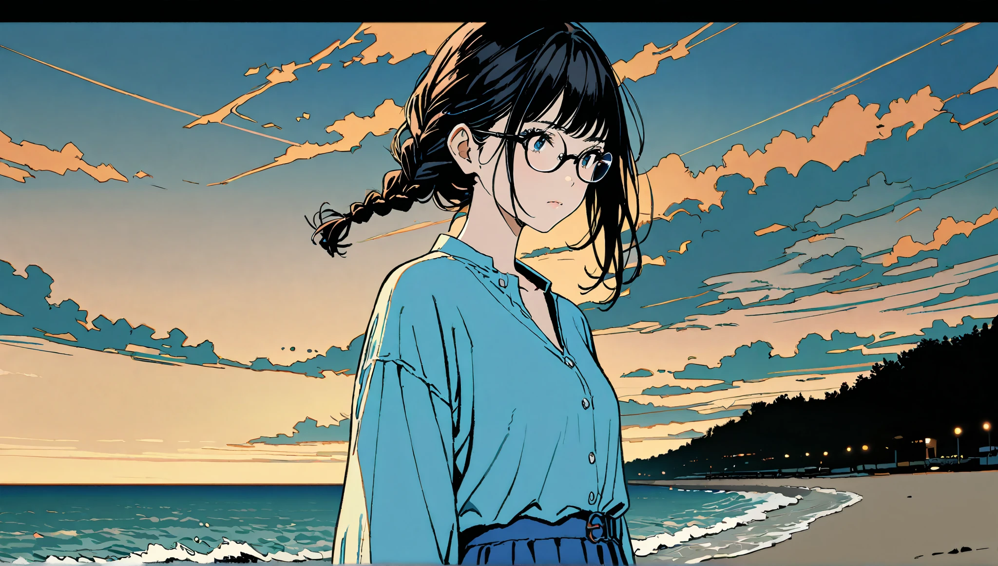 ((cloud))、((alone)),((Seaside in the evening)),wind、((Front View)),(()),expressionless,((black hair braid long hairstyle)),(((black rimmed glasses))),masterpiece, Highest quality, Beautiful attention to detail, Very detailed, In detail, High resolution, (( blue blouse、blue skirt))),Perfect Anatomy, , , girl, (one person:1.5), alone, (), (simple evening sky background), , ((Side view))、