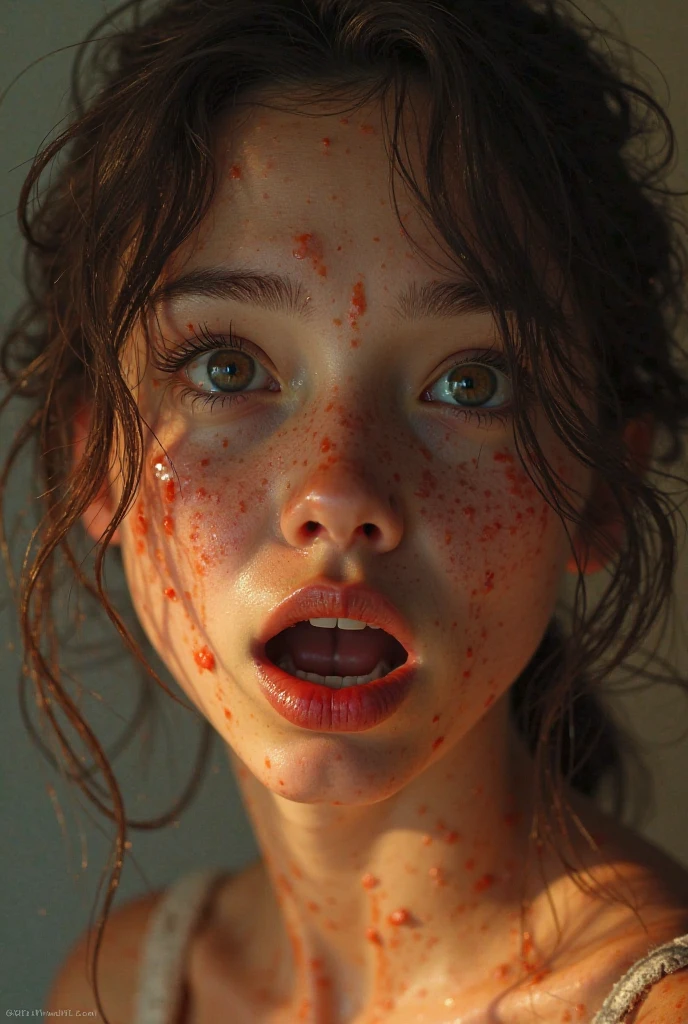 a red haired girl taking a shower, embarrassed, confused, caught naked, covering , covering intimate areas, highly detailed, 8k, photorealistic, realistic shading, intricate details, realistic water effects, skin pores, realistic hair strands, realistic facial expressions, screaming