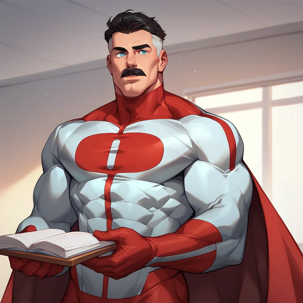 score_9, score_8_up, score_7_up, score_6_up, OmnimanP, 1boy, solo, black hair, short hair, blue eyes, male focus, mature male, mustache, muscular, white bodysuit, red bodysuit, cape, zPDXL2, (fraternity paddle in hand), in classroom.