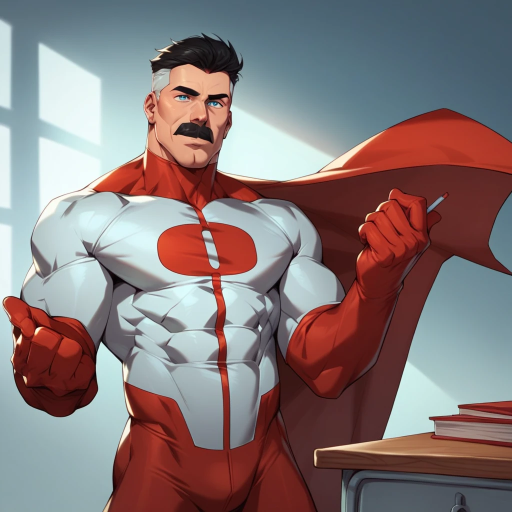score_9, score_8_up, score_7_up, score_6_up, OmnimanP, 1boy, solo, black hair, short hair, blue eyes, male focus, mature male, mustache, muscular, white bodysuit, red bodysuit, cape, zPDXL2, (fraternity paddle in hand), in classroom.