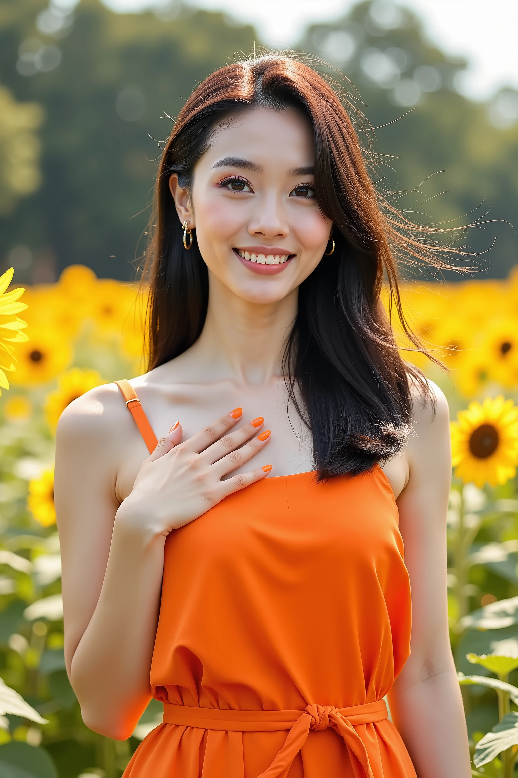 close up shot photo, Instagram model, realistic portrait photo of a beautiful Asian woman, she wearing on orange color sundress with bare shoulder, beautiful make-up, energitic and youthful pose, put a hand on chest, sunlights outline her figure, she has orange color fingernails, looking at the viewer with attractive gaze, wind gently blowing her hair, she standing in a garden of sunflowers, summer vibe, depth of field, bokeh