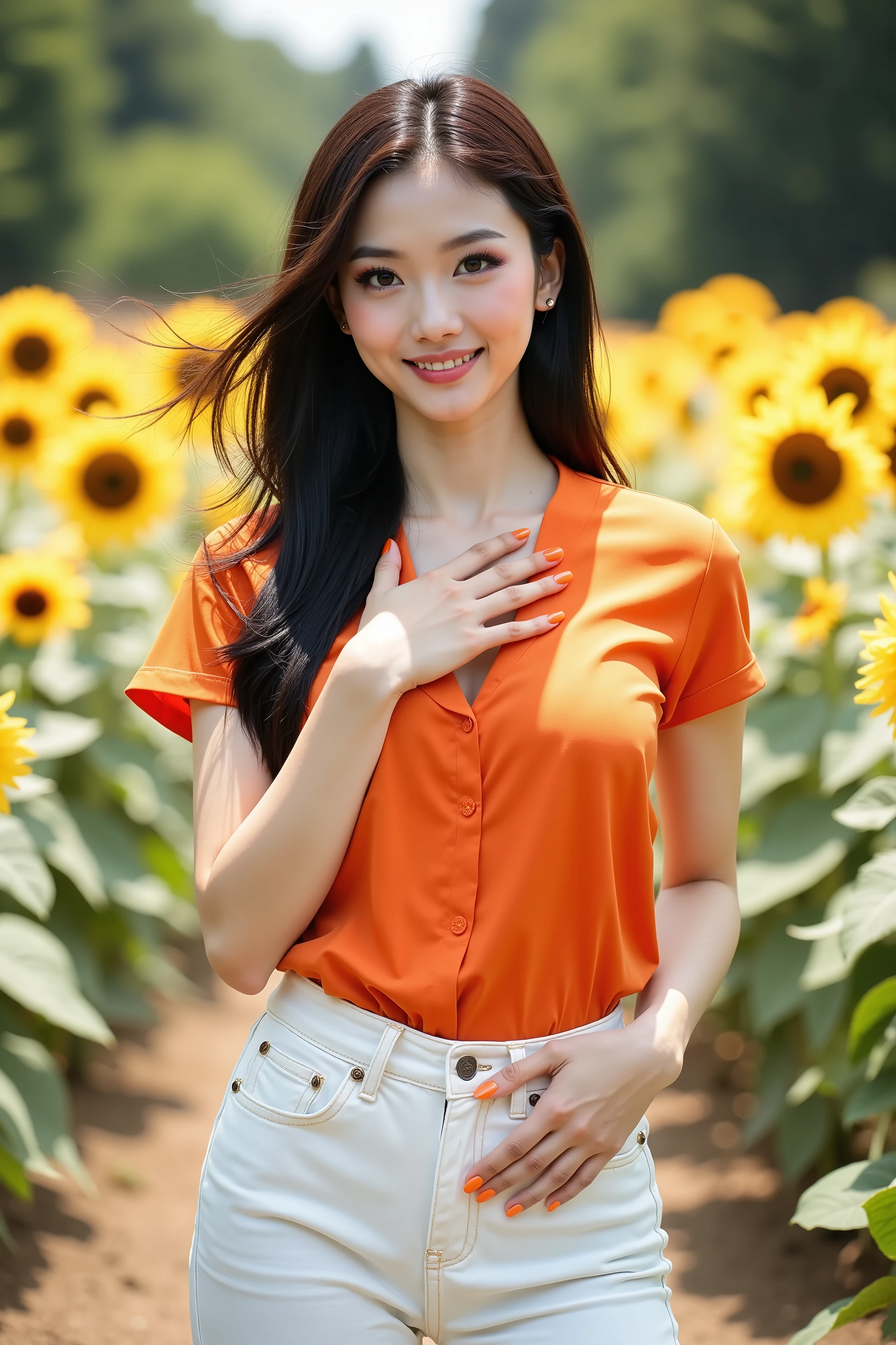 close up shot photo, Instagram model, realistic portrait photo of a beautiful Asian woman, she wearing on orange color short sleeve blouse and white denim pants, beautiful make-up, energitic and youthful pose, put a hand on chest, sunlights outline her figure, she has orange color fingernails, looking at the viewer with attractive gaze, wind gently blowing her hair, she standing in a garden of sunflowers, summer vibe, depth of field, bokeh