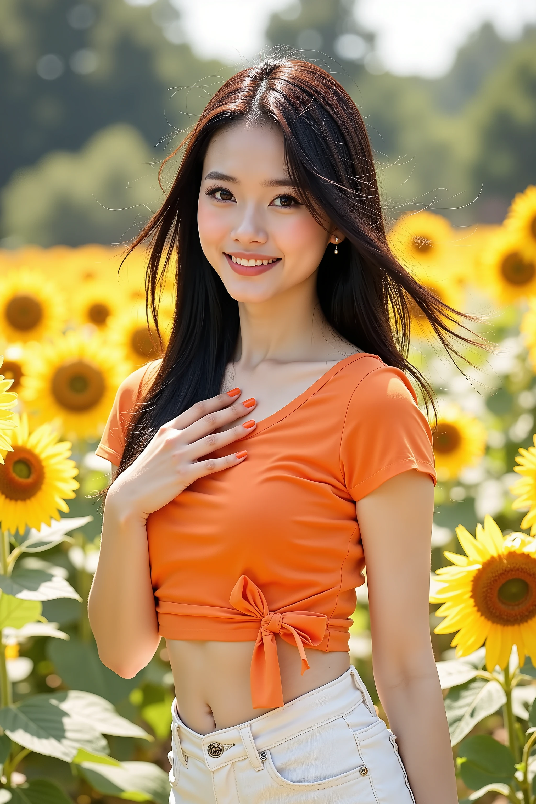 close up shot photo, Instagram model, realistic portrait photo of a beautiful Asian woman, she wearing on orange color short sleeve blouse and white denim pants, beautiful make-up, energitic and youthful pose, put a hand on chest, sunlights outline her figure, she has orange color fingernails, looking at the viewer with attractive gaze, wind gently blowing her hair, she standing in a garden of sunflowers, summer vibe, depth of field, bokeh