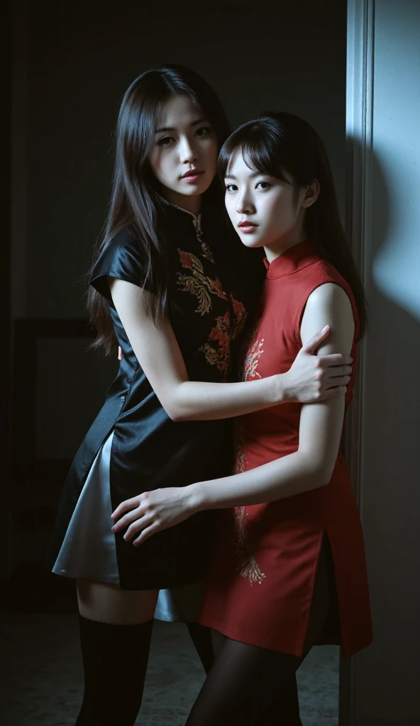 A girl in a black dragon-patterned Qipao dress hugs her brother.