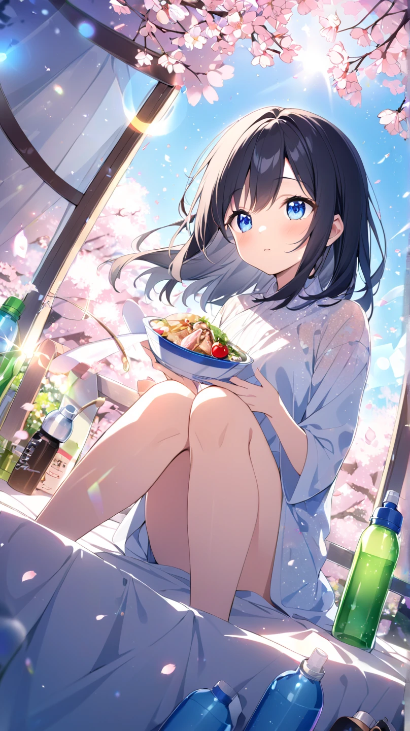 girl holding a drink having dinner, vista of cherry blossom trees at sunset