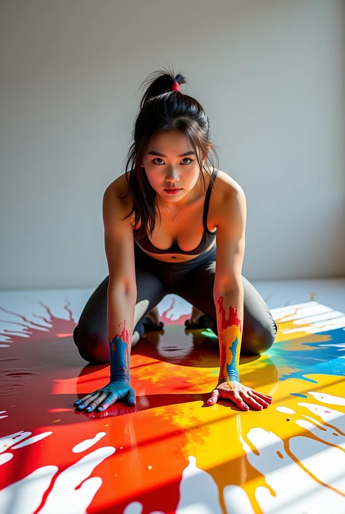 an abstract red and blue woman seated in the floor with the legs open, oil painting, intricate cubism, high details,