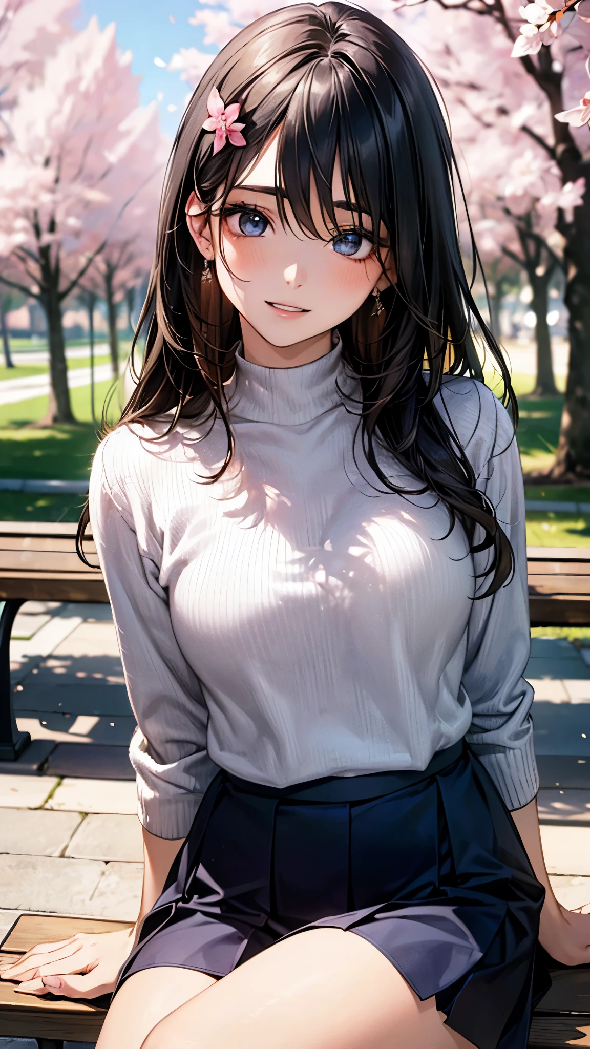 Anime girl sitting on a bench in a park with cherry blossoms - SeaArt AI
