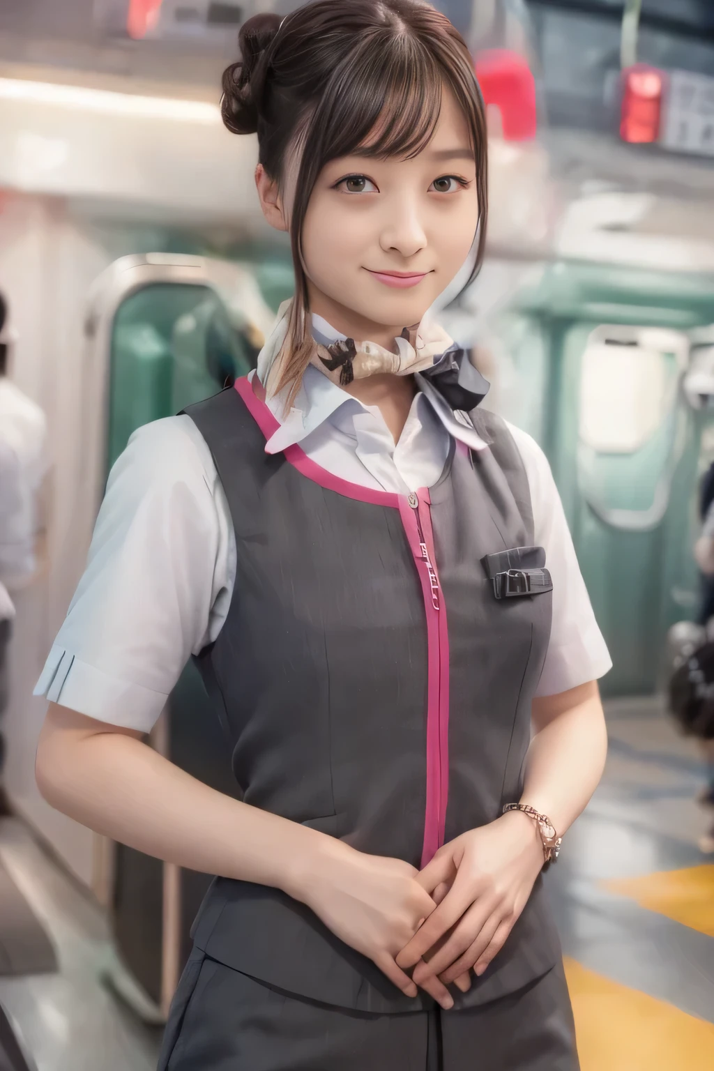 (masterpiece:1.2, Top Quality:1.2), 32kHDR, High Resolution, (alone、1 girl)、(Take the Shinkansen、professional lighting)、Car interior background、( the realistic style of the JR Gran Class crew uniform)、short sleeve blouse、 scarf wrapped around neck 、( JR Gran Class flight attendant uniform with pink parts on the sleeve of the skirt )、( The JR Gran Class flight attendant uniform has a pink line on the front zipper of the vest.)、dark brown hair、( hair is tied、hair bun、hair bun)、dark brown hair、Long Hit、Big Breasts、(( amazing hands:2.0)),((A harmonious body shape:1.5)),((Normal limbs:2.0)),((Usually refers to:2.0)),(( Delicate Eyes:2.0)),((Normal eyes:2.0)))、 Fine Necklace、smile、Beautiful position,