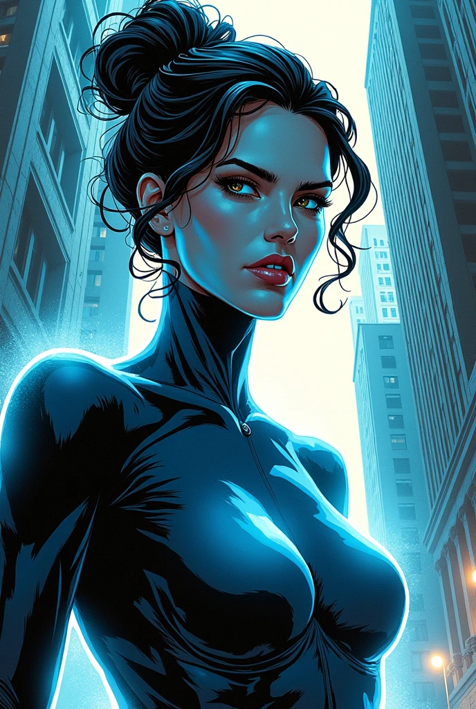 Masterpiece, Jennifer Connelly, cowboy shot, wearing a sexy Raven leotard, perfect detailed eyes, delicate smile on your face, on the top of a loft in Los Angeles City at night with buildings and lights in the background bringing an elegant and modern air to the scene.