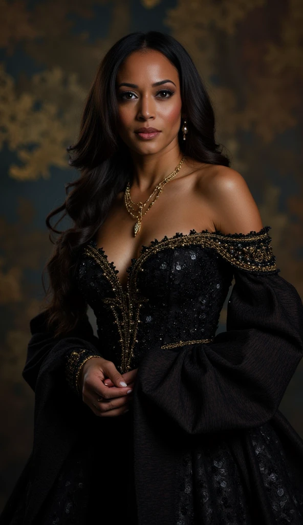 <lora:ArianaAimes_v1.0:1> <lora:theovercomer8sContrastFix_sd15:1>
ArianaAimes, (to8contrast style), (Woman:1),
Smooth skin, piercing gaze, large afro hair, velvet robe, luxurious jewellery, rich tapestries, ornate furniture, candlelight, chiaroscuro technique, Titian, Rubens, Velzquez, Rembrandt, baroque, oil paint, brush strokes, captivating expression, opulent setting, historical costume, high society, classic beauty, timeless elegance, iconic fashion, vintage glamour, endless fascination, unforgettable charm, 4K resolution, critically acclaimed, breathtaking visuals, exceptional craftsmanship, unmatched sophistication.