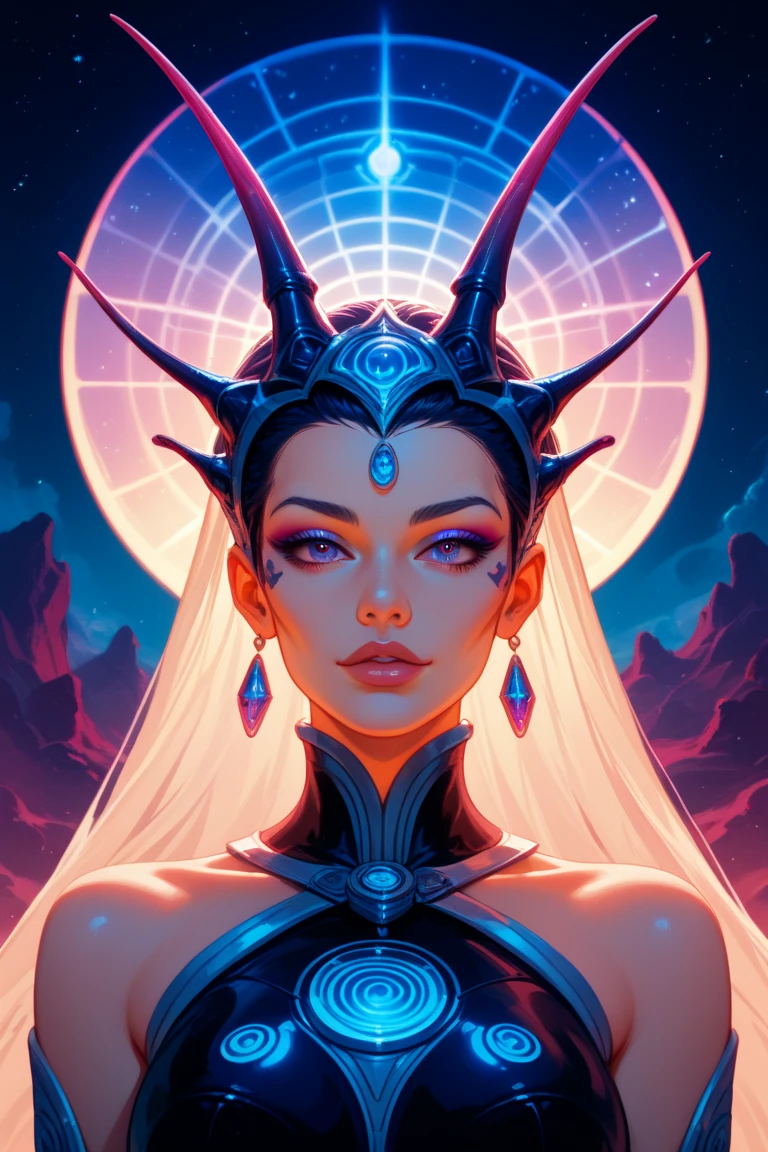 Digital artwork, vibrant gradients, cosmic lighting. Interstellar, otherworldly vibe. Portrait of an alien ambassador, unknown age, in Moebius’ sci-fi style: enigmatic pose, alien physiology, ceremonial robes, celestial backdrop. Alien architecture, surreal landscapes, intergalactic themes."