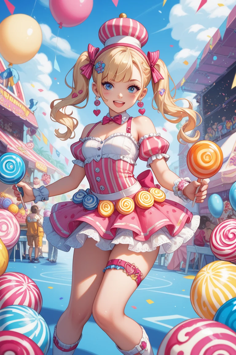 a beautiful 20 year old blonde woman with big messy hair in a blue dress, white stockings, black headband, cleavage, holding a glowing mushroom, fantasy art style, rossdraws cartoon vibrant, alice in wonderland cyberpunk, cute detailed digital art, colorfull digital fantasy art, digital fantasy art ), glossy digital painting, rossdraws pastel vibrant, rossdraws 2. 5, rossdraws 1. 0