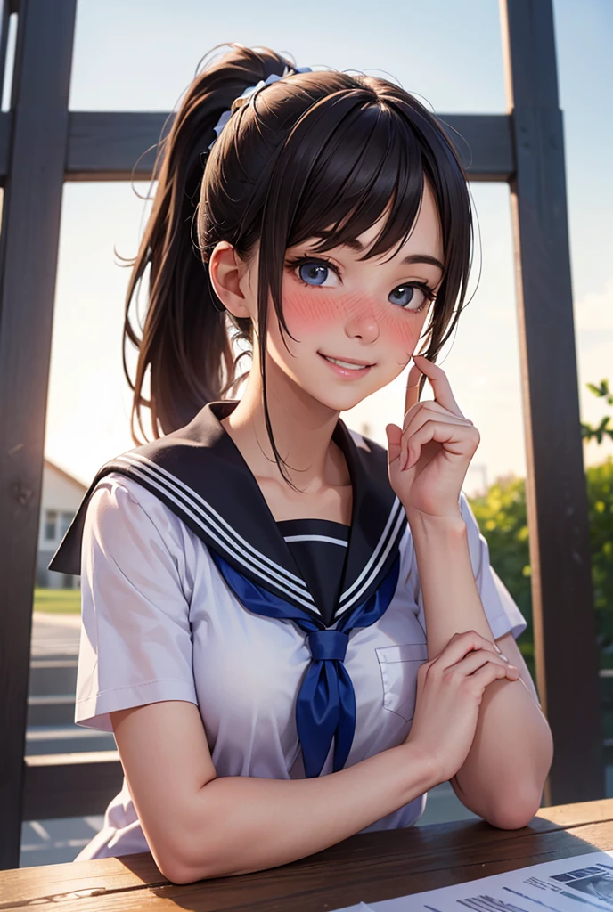 10th generation women, Twin tails black hair, blue eyes, White summer high school outfit, Navy blue school vest, Japanese High School Theme, Happy emotional mood, smile, cute, Portrait, 3d, anime, High resolutionR, High resolution, background, RTTX 10.0, 2k, masterpiece.