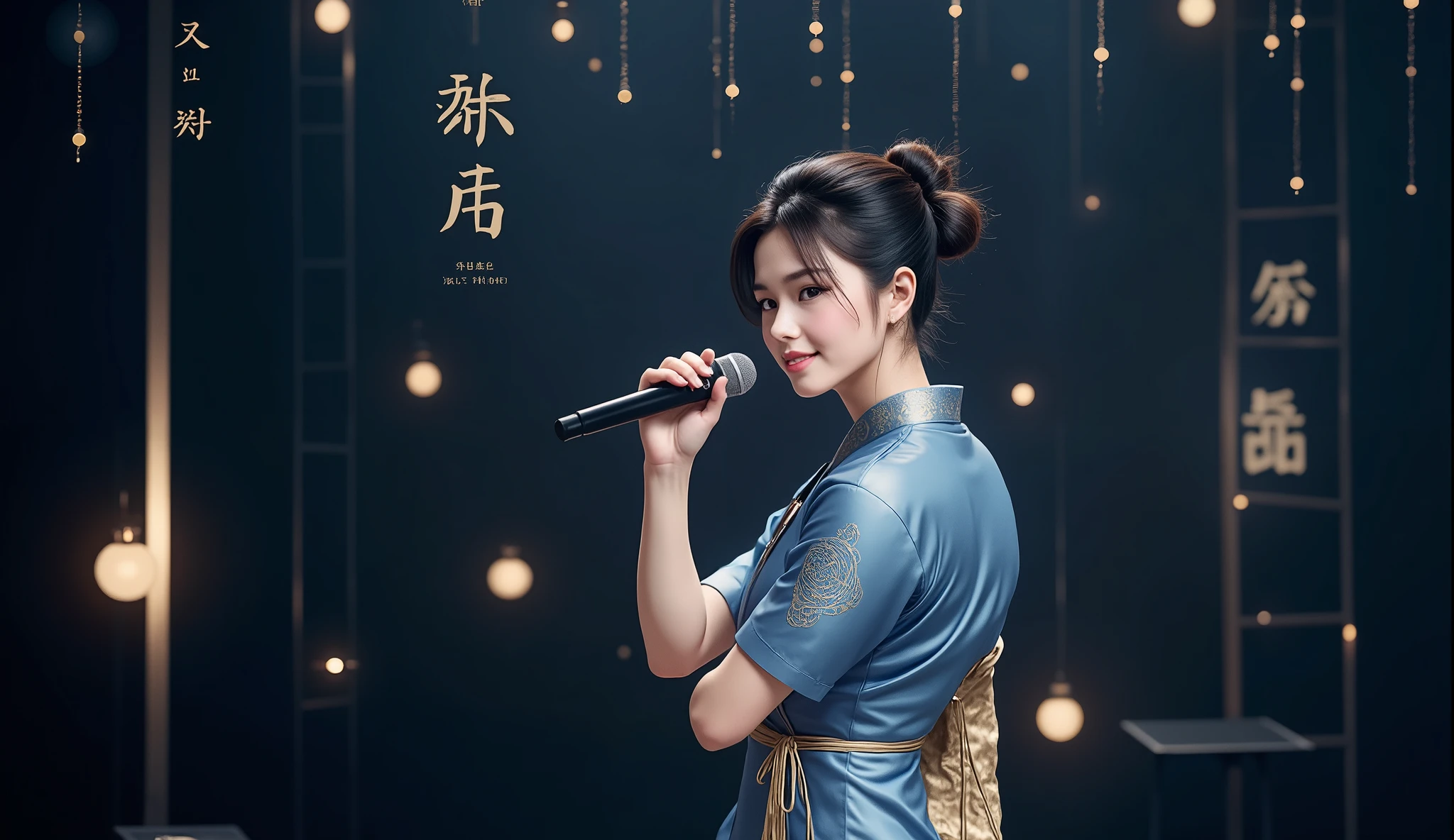 The background should be sleek and dark with subtle geometric patterns or gradients to give it a high-tech vibe. Include a realistic character in the foreground, dressed in han-fu chinese clothing , interacting with the environment or the text in a way that suggests innovation and digital harmony. The character is a asian singer with a microphone should have a confident and approachable demeanor, with a focus on clean lines and a professional aesthetic. The overall design should convey a sense of singing in a concert and human connection."