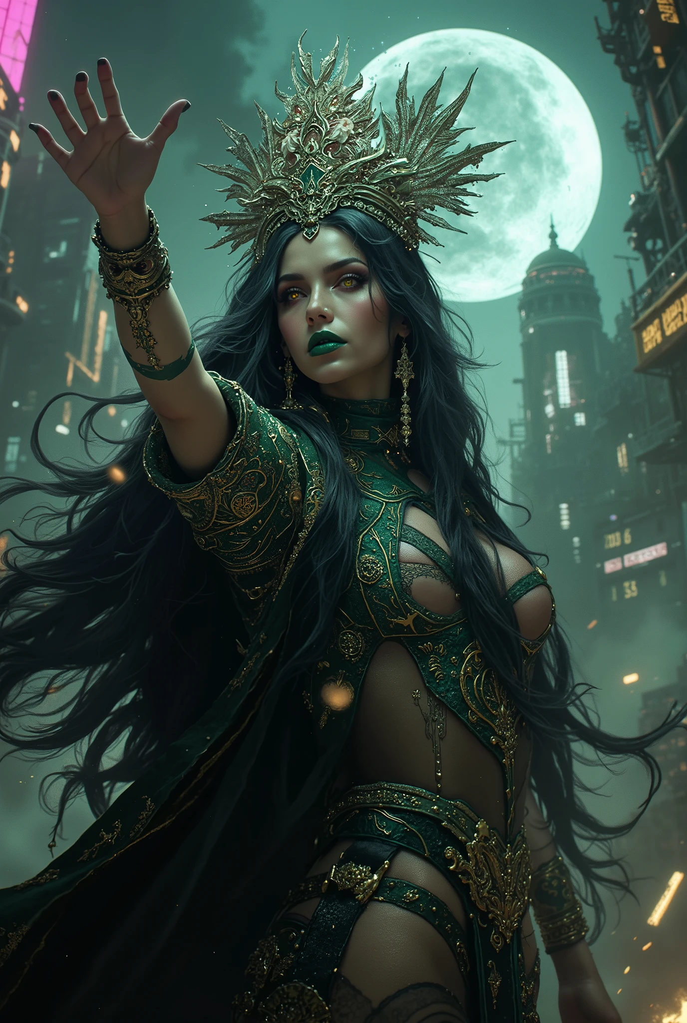 there are three people that are sitting together in the dark, ornate cyberpunk armor, gypsy, fashion photo, mononoke, wearing an elegant tribal outfit, yulia nevskaya, ancient gods, fairy cgsociety, aesthetic / a riot in mars, ayahuasca, vadim voitekhovitch, archfey --auto --s2