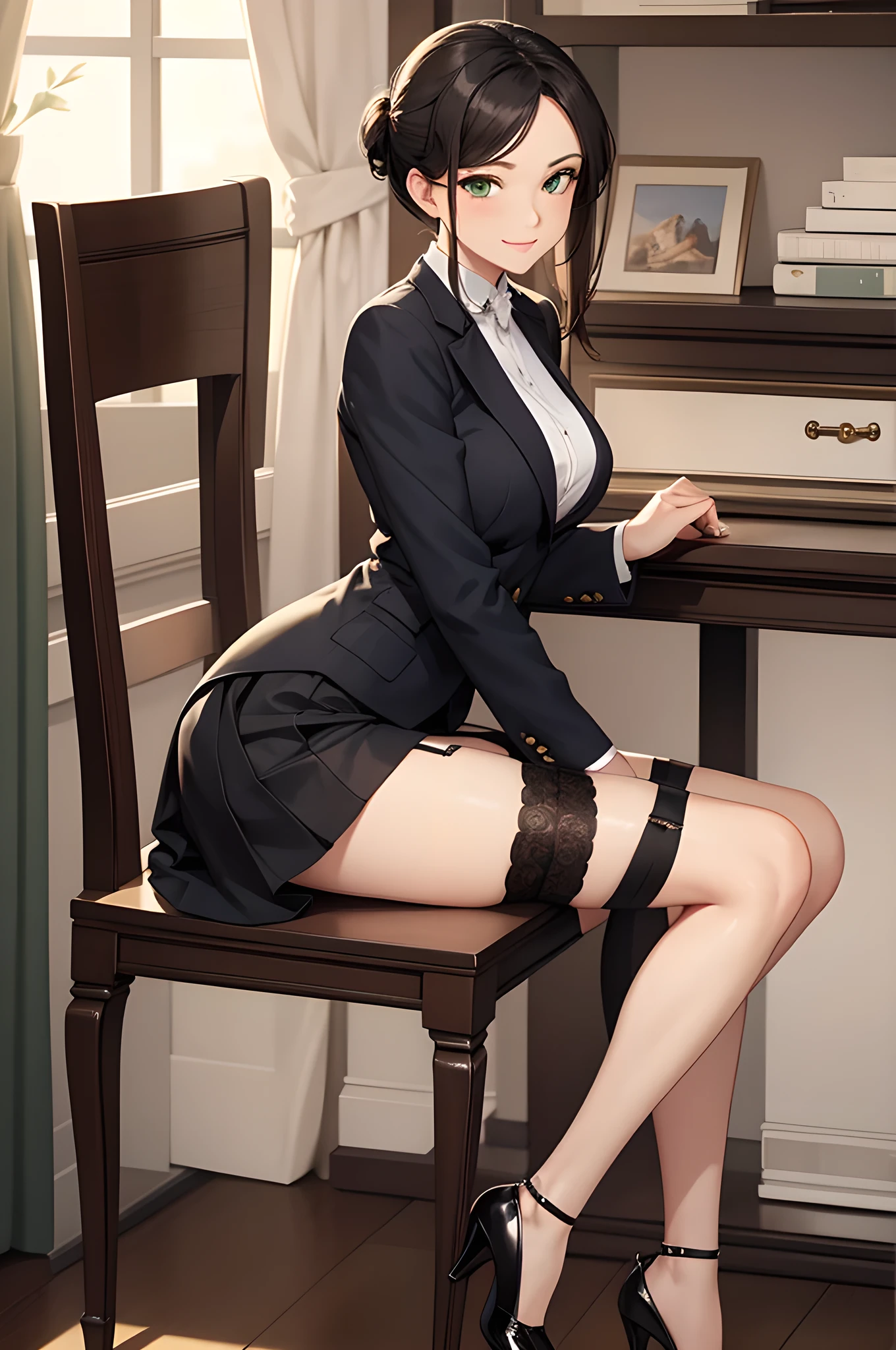 Business suits、Wearing a school swimsuit under a suit、tights、A dark-haired、short-cut、Sex Worker、adult woman、Nasty smile、lie down with your legs open、a bed、Nipple emphasis、crotch accentuation、Full body like、pumps、The costume is rigid on the body、Colossal tits、