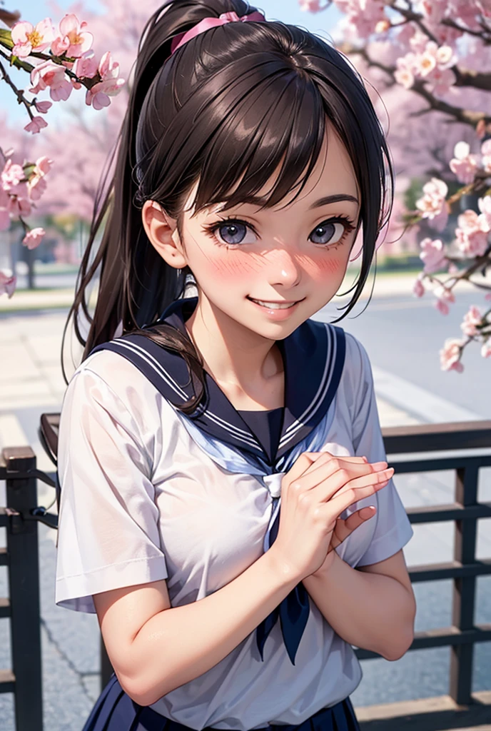 1ung girls, (extremely detailed beautiful face), Smile happily, (Best Quality:1.4), (Ultra-detailed), (extremely detailed CG unified 8k wallpaper), Highly detailed, High-definition raw color photos, Professional Photography, Realistic portrait, Cinematic Light, ((twintails)), Bangs, (High School Uniform, Pleated mini-skirt:1.3), smile, ((meadow, flower garden)), (lots of wildflowers:1.5), (view from below:1.4),