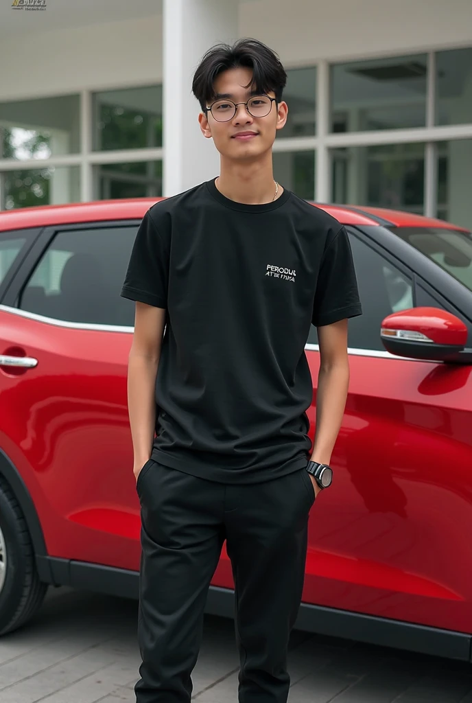 a boy was standing with a car 