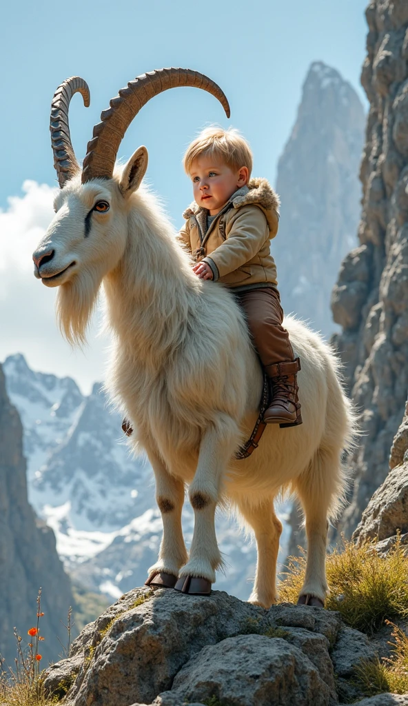 A hyper-realistic image of a baby boy riding a massive mountain goat on ...