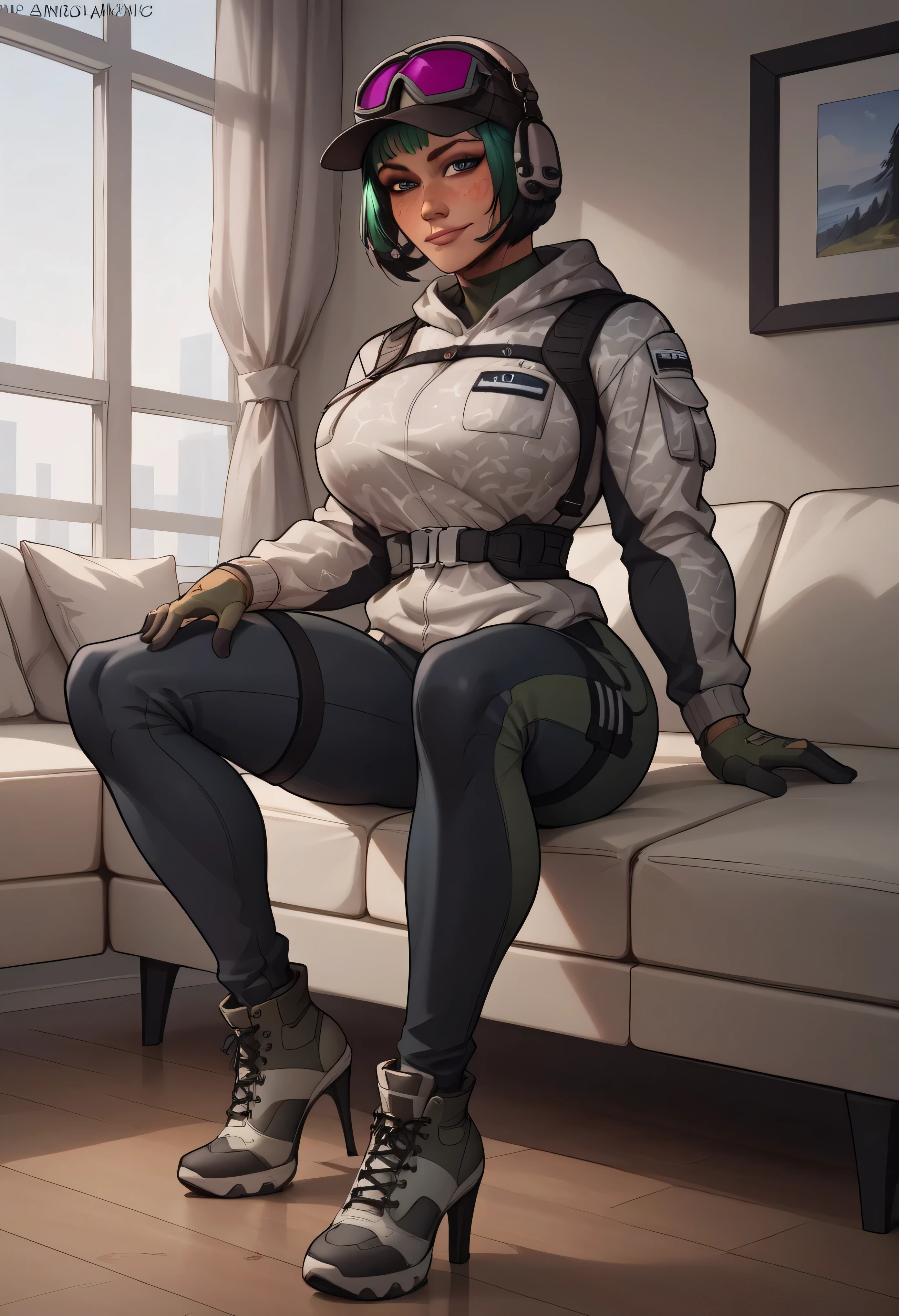 one girl,,Rawani0895,blue tracksuit, tight skin ,rabbit print,gloves, high-heeled shoes, full body, Standing,   short haircut , 
 result_9,  result_8_higher,  result_7_higher,  source_anime,
 the cover of , japanese text , \(Rainbow Six Siege\),  elite \(Rainbow Six Siege\)
Sitting,sofa, result_9,  result_8_higher,  result_7_higher,  result_6_higher,  result_9,  result_8_higher,  result_7_higher,  result_6_higher source_anime,  blush, one girl, seduce smile, Perfect body , naturally big breasts