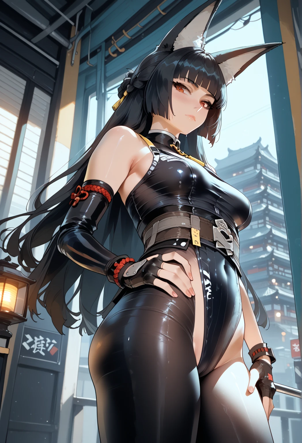 professional artwork, Intricate Details, field of view, sharp focus, detailed painting, photorealistic lighting, trending on pixiv, Standing at attention, black outfit ,yellow collared shirt,black and red bodysuit,skin_tight,black legwear, black pantyhose, Side_boob, black hair,very long hair, Bangs,yellow eyes,makeup, lipstick, 20yo,mature female,Beautiful Finger,Beautiful long legs,Beautiful body,Beautiful Nose,Beautiful character design, perfect eyes, perfect face, looking at viewer,official art,extremely detailed CG unreal engine 8k wallpaper, perfect lighting,Colorful, Bright_Front_face_Lighting, (masterpiece:1.0),(best_quality:1.0), ultra high res,4K,ultra-detailed, photography, 8K, HDR, highres, absurdres:1.2, Kodak portra 400, film grain, blurry background, (Beautiful,large_Breasts:1.4), (beautiful_face:1.5),(narrow_waist), (solo:1.4), ((landscape dimension)), rich detailed makeup, rich detailed eyeshadow, rich detailed lips, rich detailed lipstick