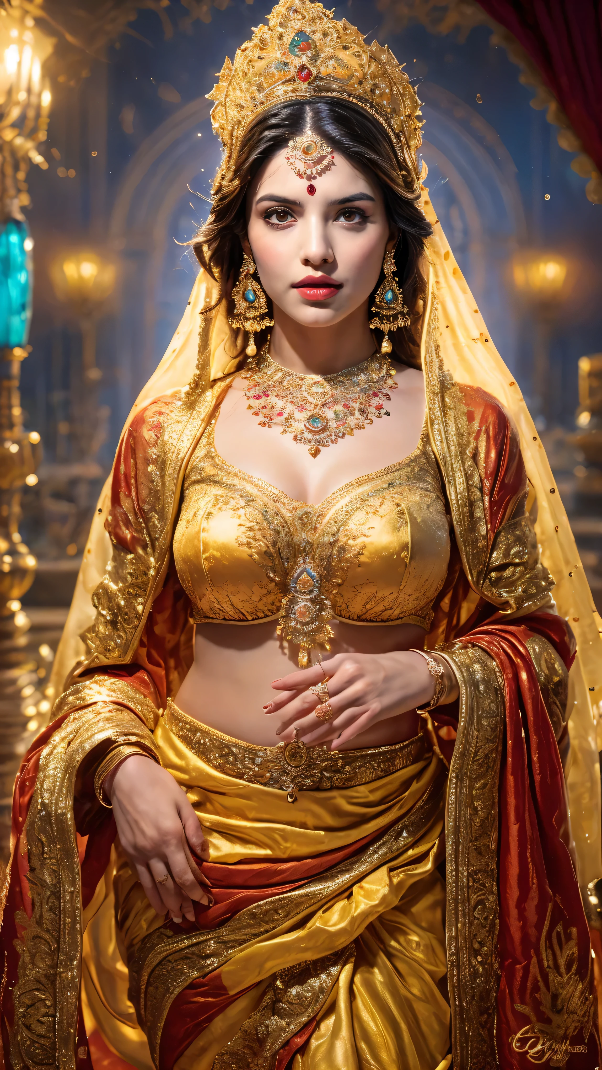 ((Best quality, 8k, Masterpiece :1.3)), Sharp focus :1.2, Generate a realistic image of a beautiful sexy Indian woman plus size body: 8.5 (masterpiece like a princess) (body like divine girl) dressed divine clothes white skirt and print bra.   adorned with traditional ornaments, standing in a well-lit room with cinematic lighting. ((Front view, random elegant pose)), and there is a sense of grace and elegance in her posture. The background should complement the scene, enhancing the overall aesthetic appeal of the image. Photography by Brandon Woelfel, Full shot: Canon EF 16-35mm f/2.8L III USM lens on a Canon EOS 9D Mark IV camera, ultra realistic, 64k, HD