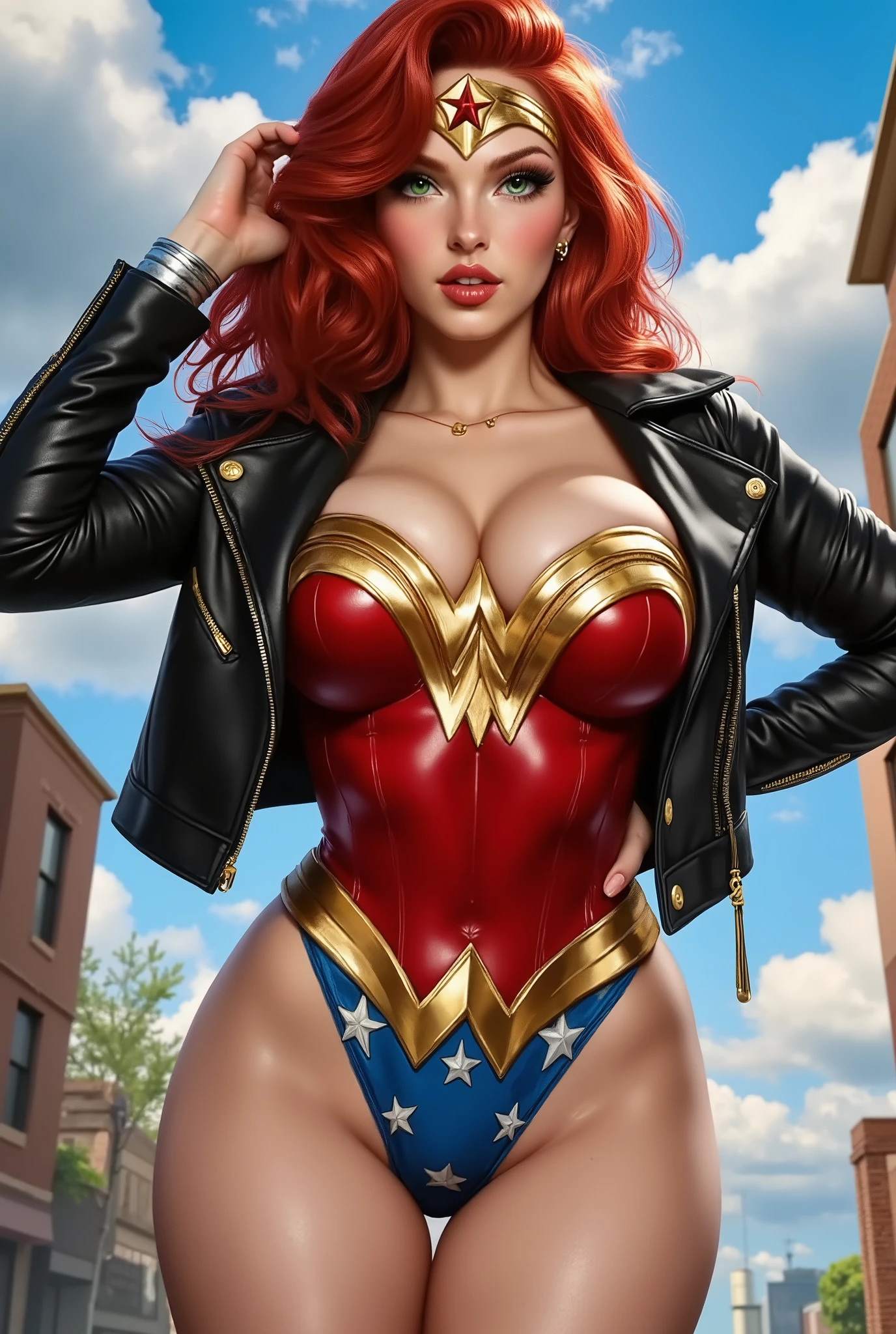 ((A Red hair , green eyes black (classic 70 wonder woman outfit) () Wonder Woman) (flirting) (missbrisolo) (wears a biker jacket)