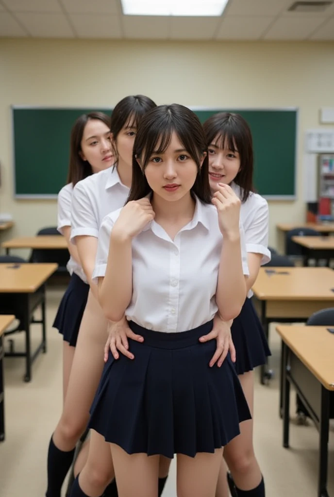 ((layered haircuts、huge breasts:1.2)),（8K，best quality），whole body샷 샷，waching from a distance，long distance shooting，School classroom，student，class，playing a game，셔츠 JK스커트to 투명하게 젖어 입는다，white wet shirt, wet shirt, Beloved， smile， thin face， short and detailed hair， 00, masterpiece， best picture quality，Super high resolution，perfect hands，looking for_~to_peeping ~to the viewer，wet skin, (((whole body))), whole body, open your legs wide, open your legs, eyes looking at camera, The Eyes The Details, beautiful eyes, 책상위to 쪼그리고 앉으세요，spread legs, armpit，아래to서 촬영, Araped image of a group of girls wearing short skirts posing for a photo