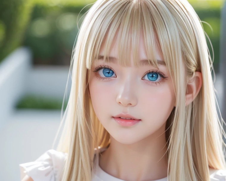 (Close-up:1.4)、(RAW shooting:1.2)、(Photorealistic:1.4)、(masterpiece:1.3)、(Highest quality:1.4)、Bright expression、Very cute beautiful girl、An exceptionally beautiful girl、Cute and beautiful face details、Beautiful Bangs、Radiant, fair, glowing skin、Facial hair、Bangs that reach the face、Bangs between the eyes、Super long hair、Super long, straight, silky hair with a striking platinum blonde hue、Thin Hair、Big, bright, light blue eyes that shine beautifully、one piece、eyeliner、double eyelid、Ample Bust、Upper Body、