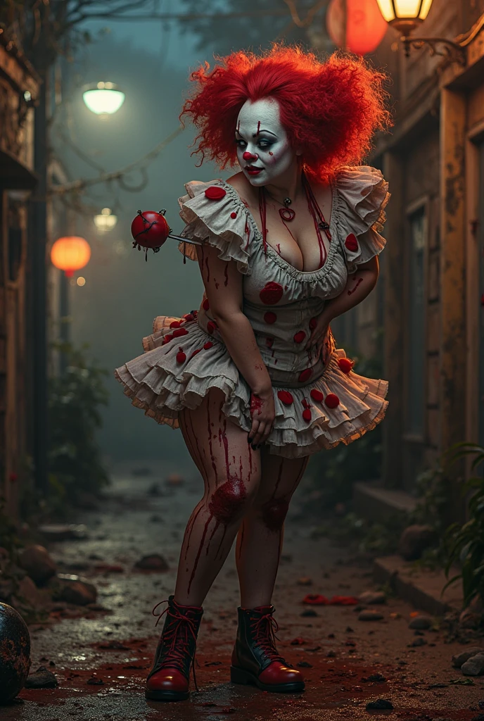 araffe dressed in a clown costume sitting on the grass with a bunch of balloons, pennywise style, pennywise, pennywise theme, creepy clown girl, stephen king as pennywise, dead clown, cutecore clowncore, clown girl, y 2 k cutecore clowncore, goth clown girl, intricate clown costume, scary clown, sinister pose, high saturation, detailed
