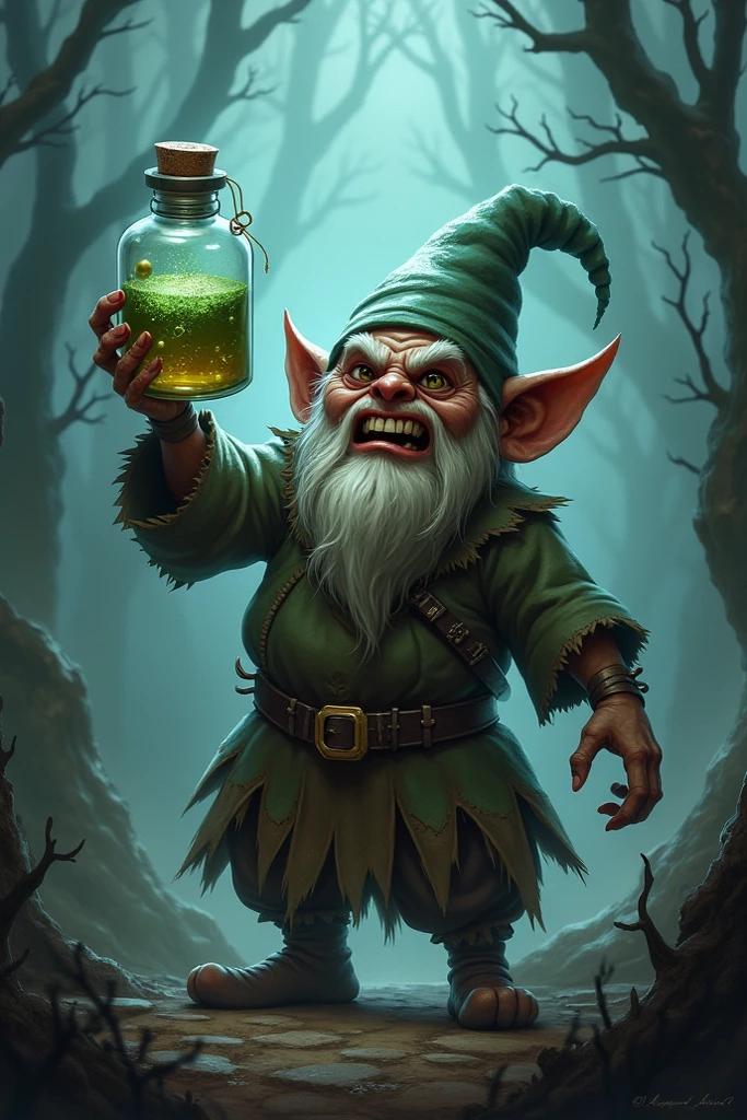 An evil gnome with a potion in his hand - SeaArt AI
