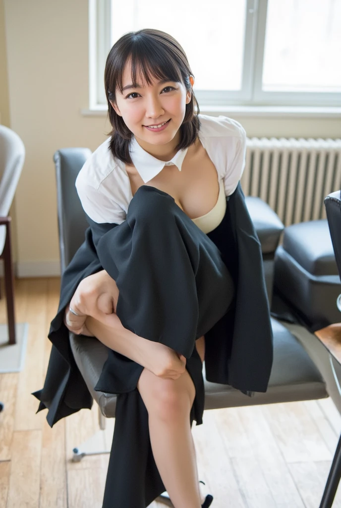 Laughter、(Realistic、Photorealistic:1.37)、(masterpiece)、(Highest quality:1.4)、(Ultra-high resolution:1.2)、(Raw photo:1.2)、(Sharp focus:1.3)、(Squat:1.2)、Spread your legs、elegant、(Esbian all over:1.2)、(A pencil skirt with attention to detail、Black suit jacket、Girl in white shirt:1.3)、(OL)、Professional attire、High heels、(24-years-old:1.1)、(smile:1.3)、(Makes hair shine:1.3)、 Brown haired、Bobcut、 Short pencil skirt
(Huge boobs:1.2)、(Indoors in bright daylight:1.2), Photographed from the front、Beautifully detailed eyes、 Seeing the viewer,、(cute)、(((High heels)))