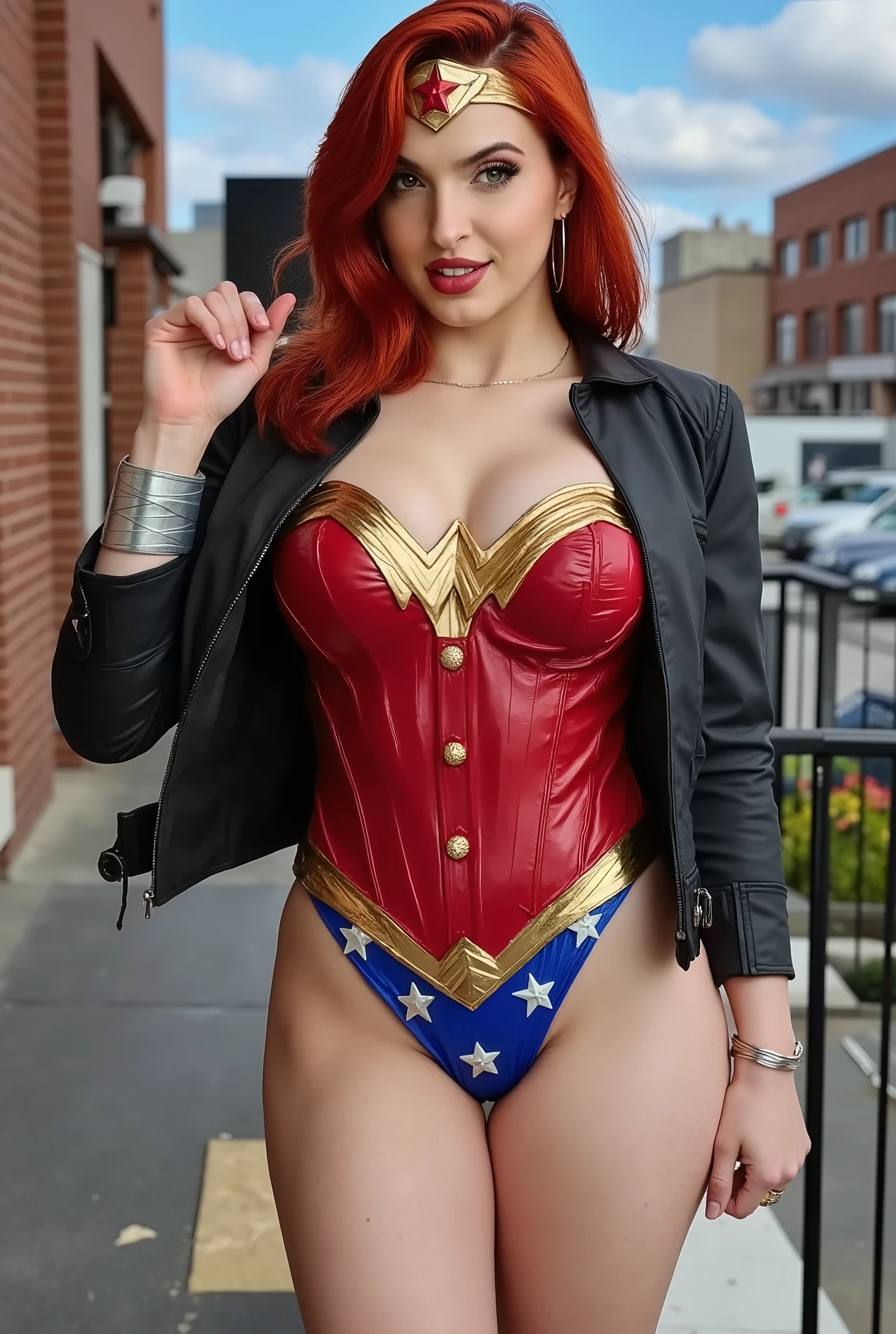 ((A Red hair , green eyes black (classic 70 wonder woman outfit) () Wonder Woman) (flirting) (missbrisolo) (wears a biker jacket)