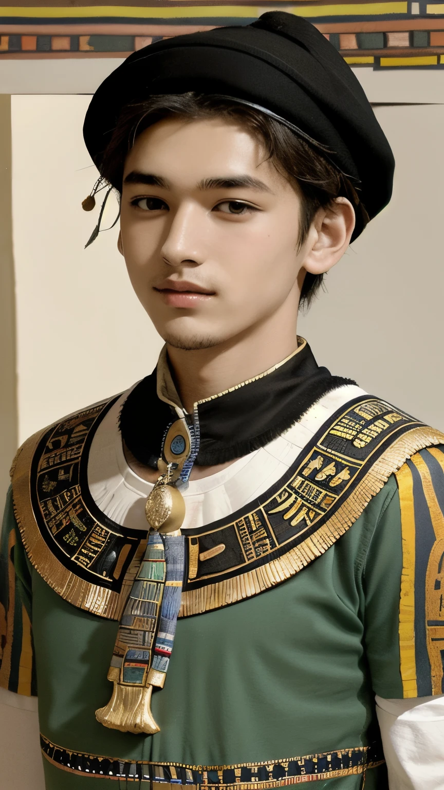 365 (20 year old woman and 20 year old man),(short hair), (high quality photos), (gentle smile), (colorful ancient egyptian costumes), (Rembrandt painting),(Hieroglyphs、Ancient Egyptian)