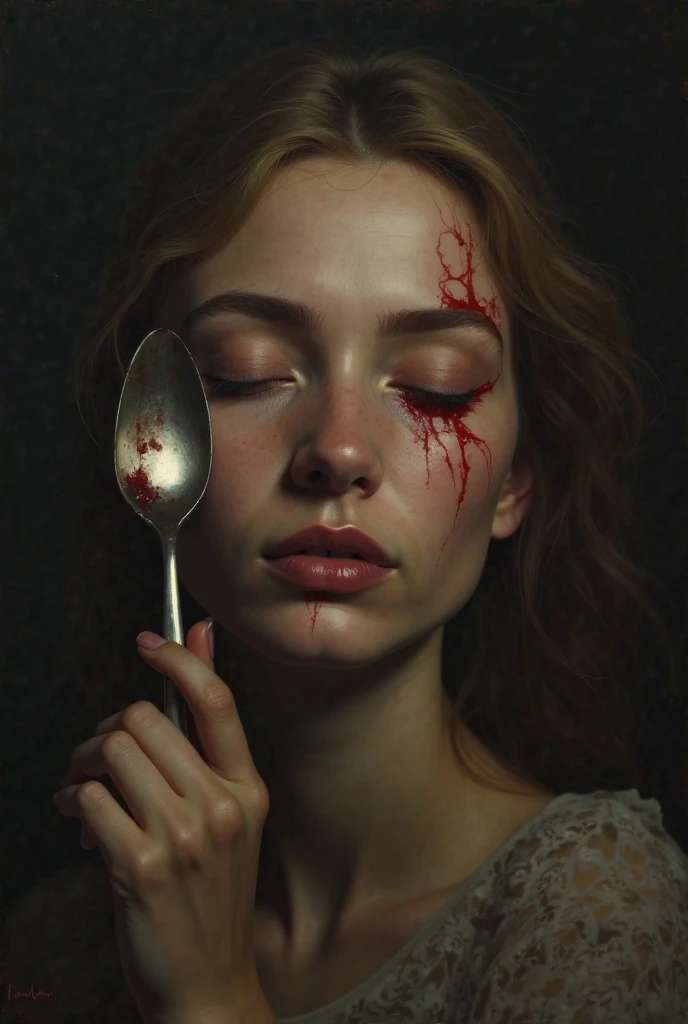 decapitated female head on a plate, beautiful face, covered in flesh, ((eyes closed)), served like a food dish, bloody, photorealistic, 4K, Nikon, horror