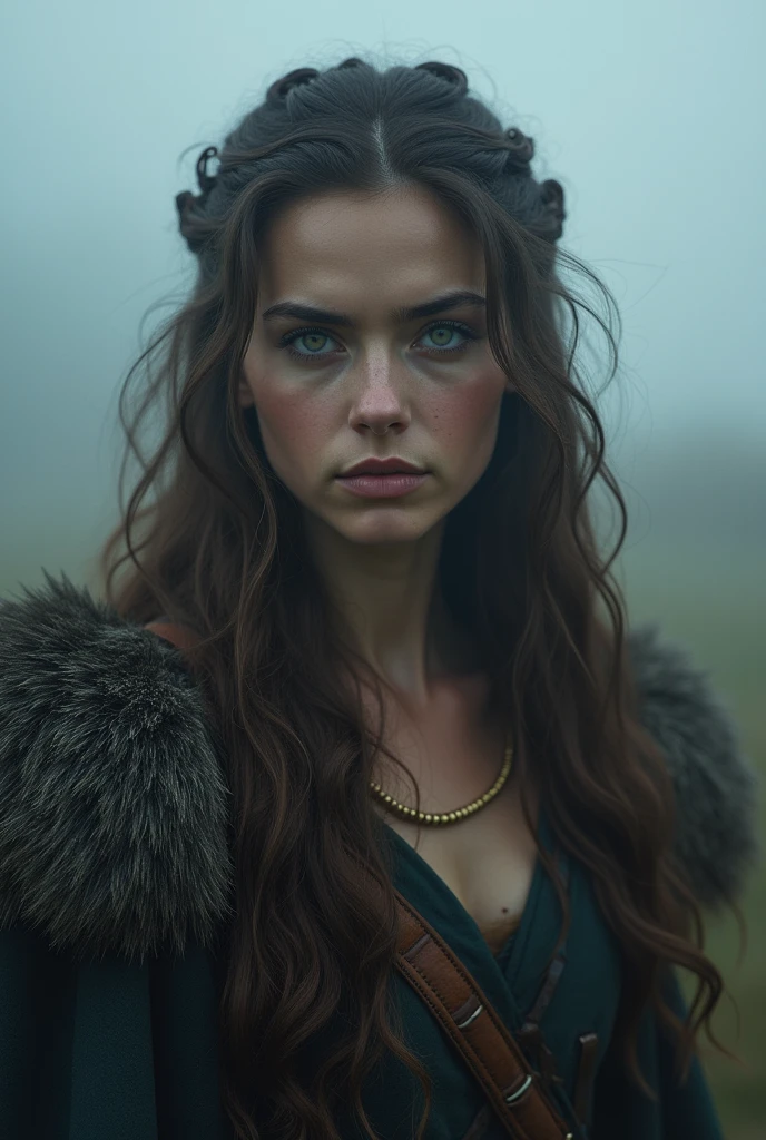 A stunningly beautiful lycanthrope woman in her wolf-human form, covered in fur and exhibiting distinct lycanthropic features, engaged in a fierce battle with a medieval hunter in the middle of a dense, eerie forest under the full moon. Her eyes are sharp and piercing, her elongated claws ready to strike. She is aggressive and powerful, without any clothing, showcasing her natural fur. The forest is dark and misty, with tall, ancient trees casting long shadows. The medieval hunter, dressed in traditional medieval hunting attire, is actively fighting her, yet his face shows a profound sense of regret and sadness. He wields a weapon, perhaps a silver sword or crossbow, in a dramatic pose as he tries to defend himself. The full moon casts a haunting glow over the entire scene, enhancing the tension and drama of their confrontation.