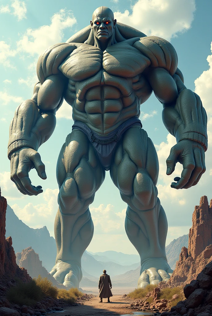 A body being sculpted, with defined physique and dumbbells around, lower half covered in stone