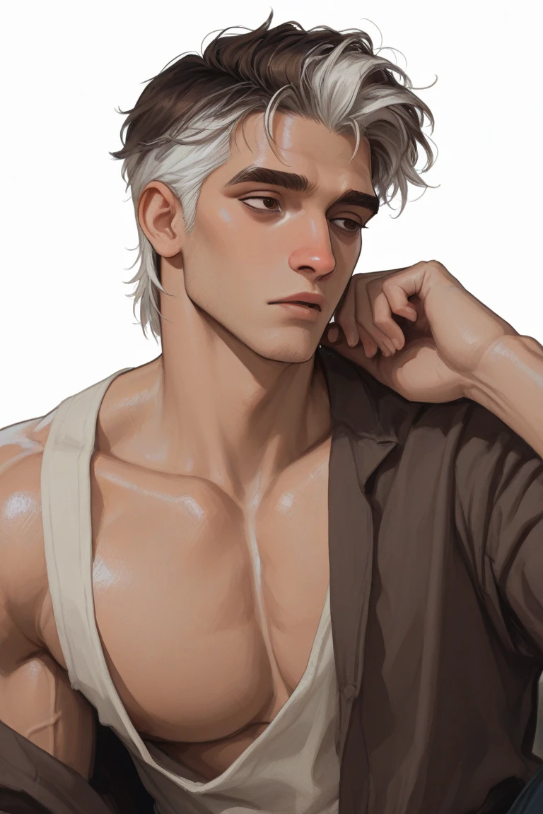 4K, high resolution, Best quality, Masterpiece, perfect colors, perfectly shaded, Perfect lighting, posted on e621, (by Chunie), anthro, ((Portrait)), ((Handsome man)), perfect male figure, short detailed hair,Wear men's shorts,Abs,musculature,chest muscle,Abs,Naked upper body,Detailed face, Perfect face, (The stands up), Detailed background, ((Bonifasko lighting)), (Detailed eyes), perfect pupils,((Silver-gray skin))