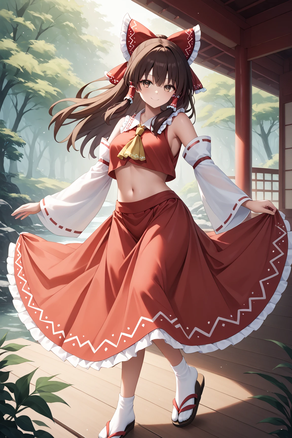 Reimu Hakurei, (brown eyes:1.5), brown hair, bow, hair bow, Hair Tube, long hair, red bow, side lock,
Blake Ascot, bare shoulders, sleeves are apart , Decorated Outfits , frills, kimono, Non-traditional Shrine Maiden , red Skirt, sandals on the skin, Exposing, Skirt, socks, White sleeves, white socks, wide sleeve,
a break staring at the viewer,
resting outdoors , shrine,cowboy shooting,Smile BREAK (masterpiece:1.2), best quality, High Resolution, Unity 8k Wallpaper, (Beautiful Detailed Eyes), very detailed face, perfect lighting, very detailed CG, (perfect hands with full nudity, perfect anatomy),dynamic pose,
(masterpiece, best quality) anime art style, 1 girl, Fair-skinned, (glamor) smile, from {Front |side|behind|above|below}, look at viewer, belly dancer, belly dance costume, dancing