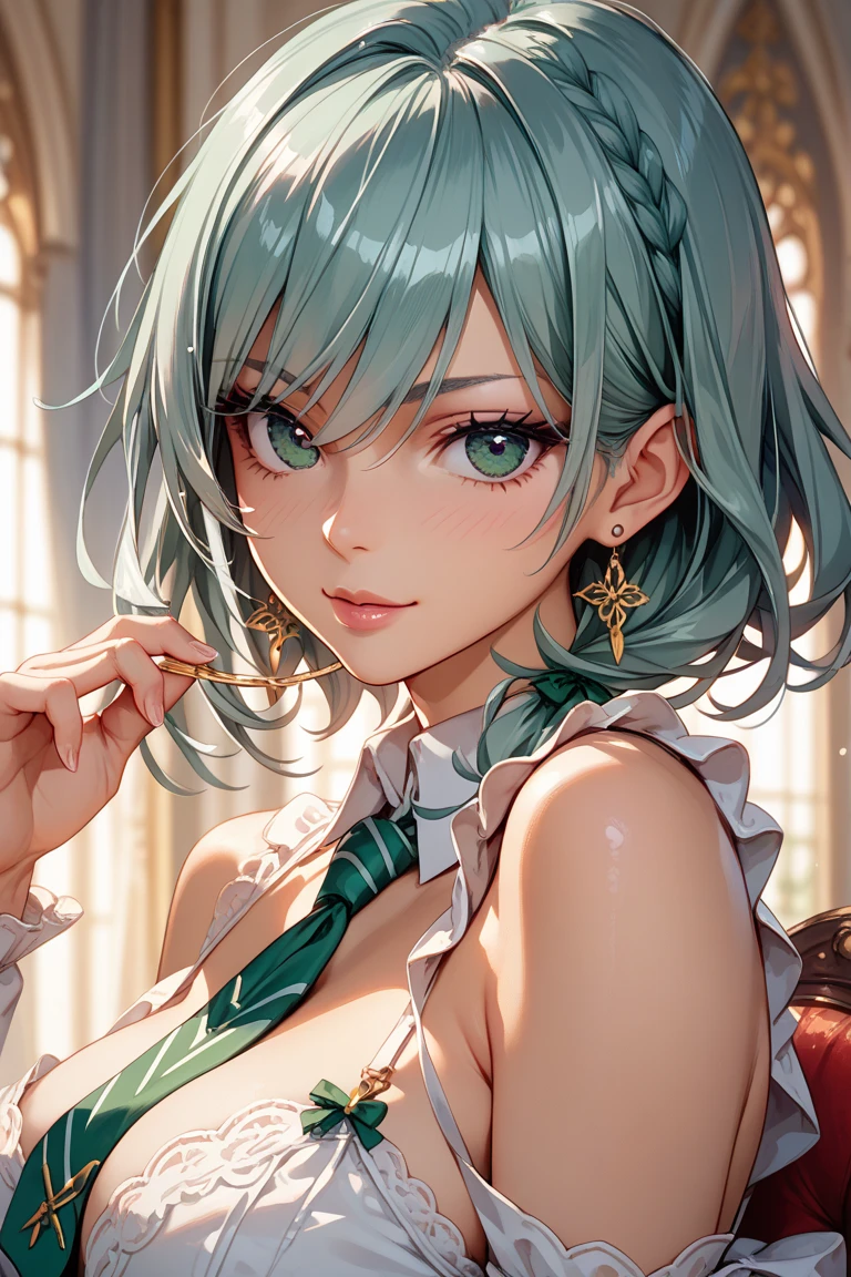 1woman, tamaki, green hair, green eyes, hair between eyes, detailed eyes, (silver sequined dress), blush, night, Close-up of face