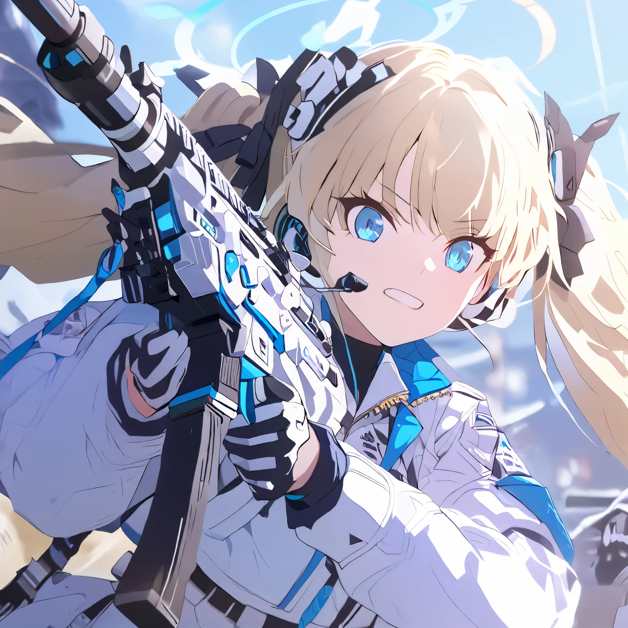 masterpiece, best quality, ultra detailed, solo, looking_at_viewer, upper_body, standing, simple background, blue archive, 1girl, halo, very_long_hair, blonde-haired, twin tails, white jacket, footwear, boots, holding assault_rifle, trigger discipline,