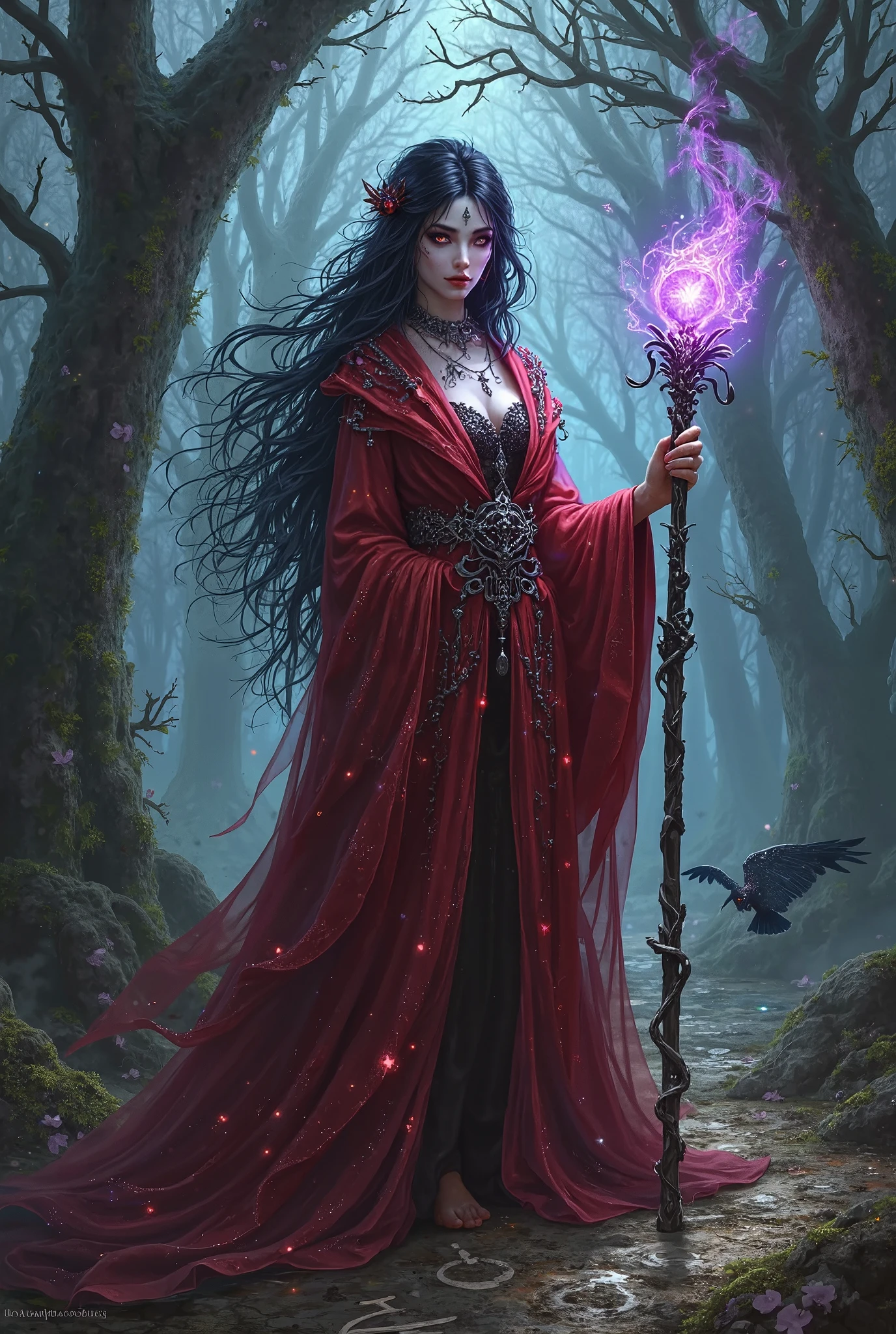 A woman with a pink cape, holding a mystical staff in a gloomy forest, being chased by a naked man