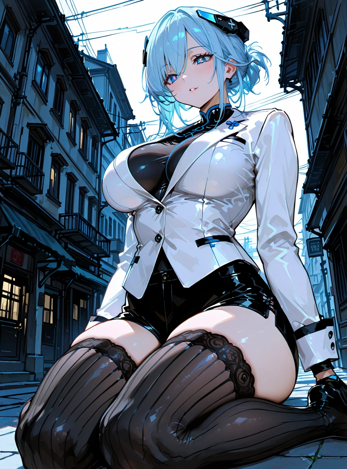 ((best quality)), ((masterpiece)), (detailed), wide open legs, close in view, visible tights, best anatomy, anime girl in black latex posing on the street, seductive anime girl, oppai, wearing latex, black shiny latex, visible armpits, pony tail behind