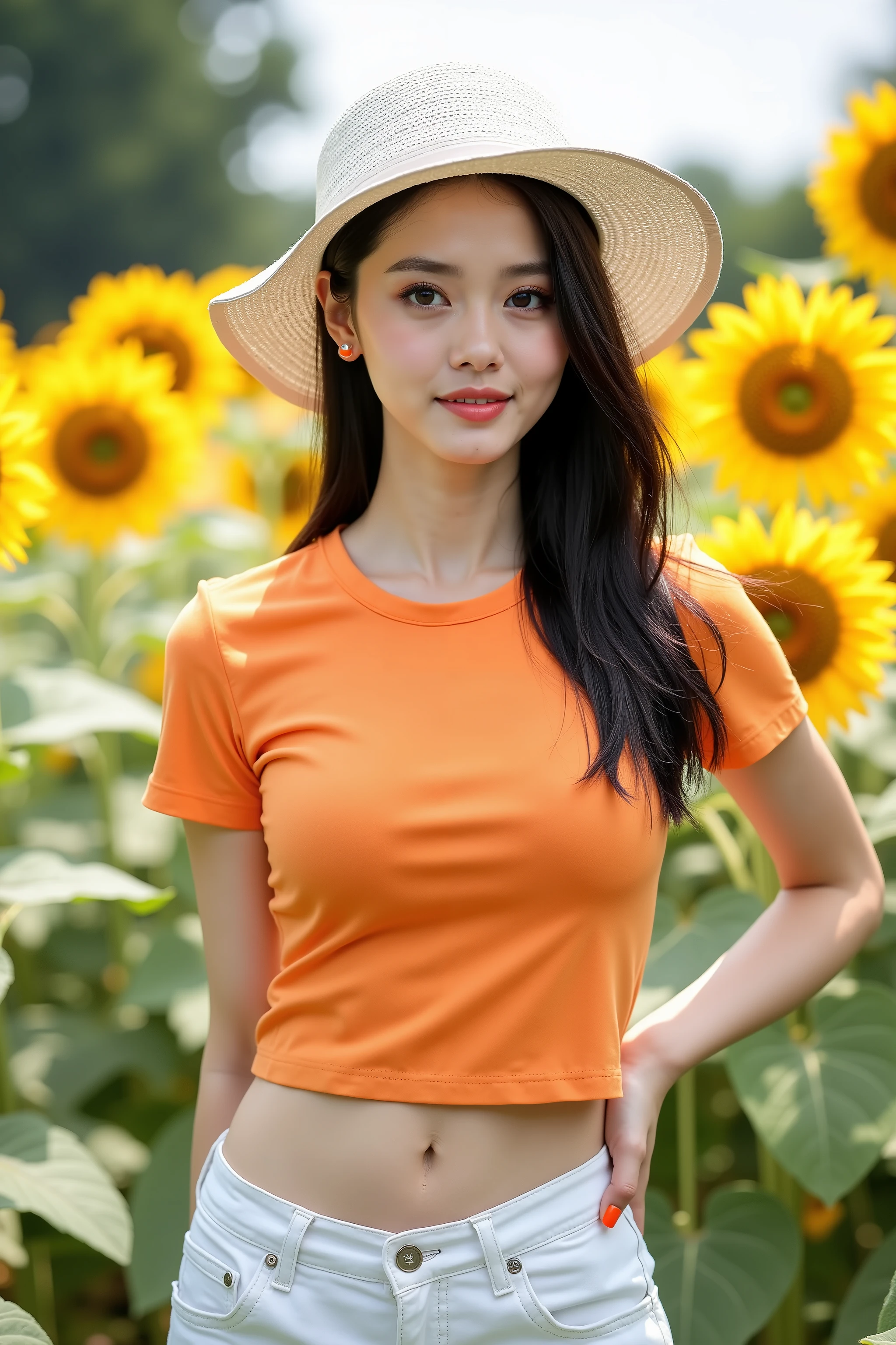 close up shot photo, trending photo, realistic portrait photo of a beautiful Asian woman, she wearing on orange color short sleeve shirt and white denim pants, belly expose, she wear a white boardbrim, beautiful make-up, energitic and youthful pose, hand behind her back, sunlights outline her figure, she has orange color fingernails, looking at the viewer with attractive gaze, wind gently blowing her hair, she standing in a garden of sunflowers, summer vibe, depth of field, bokeh