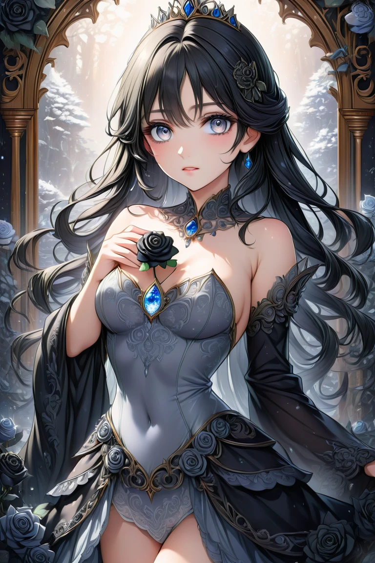 1 girl, (((ultra - detailed))), ((tmasterpiece)), ((illuminations)), , starlights, Black gorgeous dress, Curvy woman, veils, sliver long hair, Fair skin, Sagged Eyes, This picture looks like stars shining in the night sky, chest circumference, view the viewer
