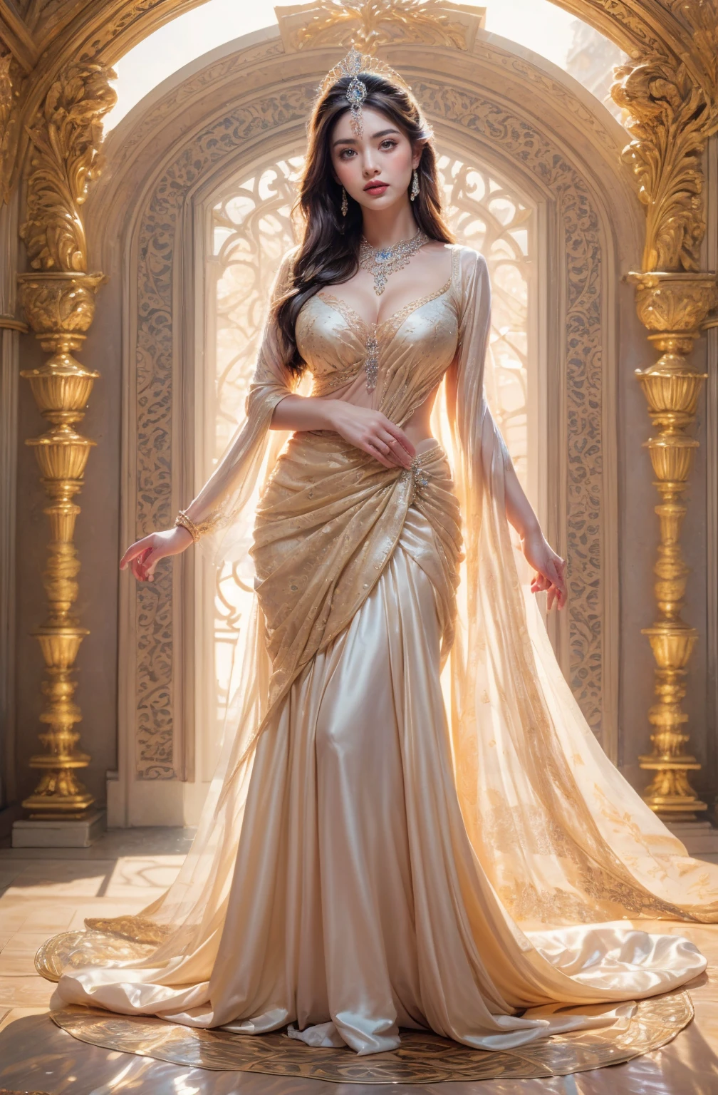 (8k, best quality, masterpiece, looks all detailed), highly detailed, masterpiece, realistic lighting, masterpiece, best quality, masterpiece, official artwork, highly detailed 8k unity CG wallpaper, Indonesian teenage girl of Javanese descent, long black hair tied with white long ponytail patterned ribbon, elegant and beautiful, full of charm, smiling sweetly and happily, wearing glasses, wearing white long spaguetti dress with gold embroidery, large breasts, wearing white high heel shoes, slender and tall body, standing in a forward-facing style, on the stage.